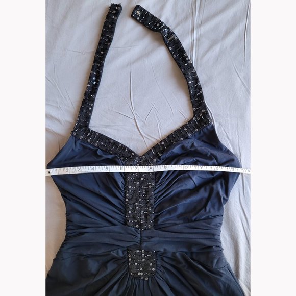 NWOT BCBGMaxAzria Navy Beaded Sequins Halter Evening Dress - Picture 8 of 13